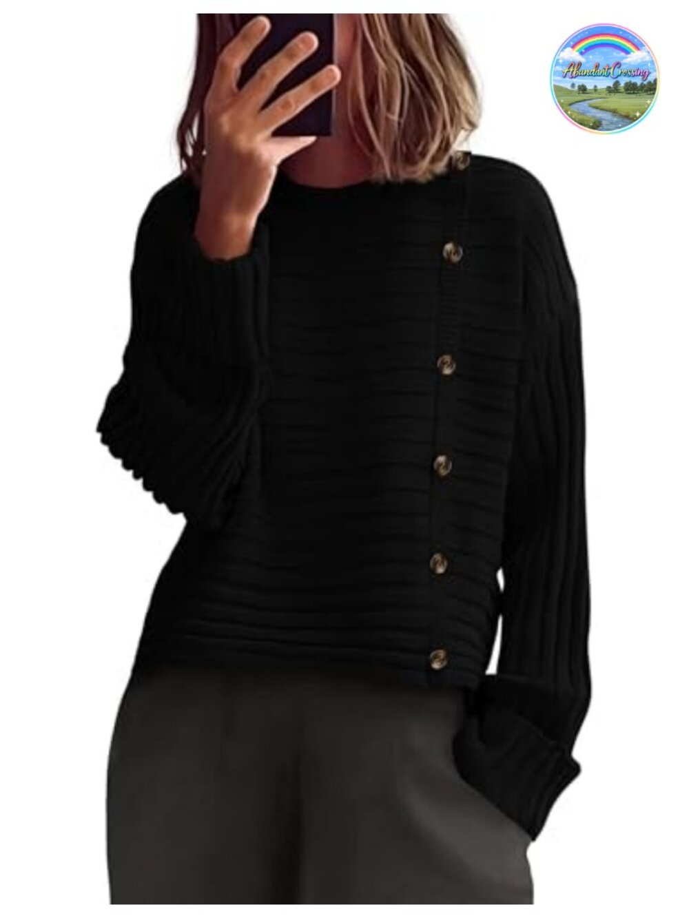 Womens Asymmetric Button Long Sleeve Knit Pullover Sweater